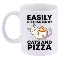 Easily Distracted By Cats And Pizza Kawaii Cat Lovers Gift 11oz C Handle Ceramic Mug
