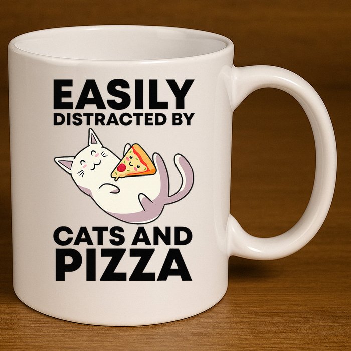 Easily Distracted By Cats And Pizza Kawaii Cat Lovers Gift 11oz C Handle Ceramic Mug