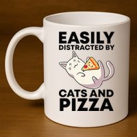 Easily Distracted By Cats And Pizza Kawaii Cat Lovers Gift 11oz C Handle Ceramic Mug