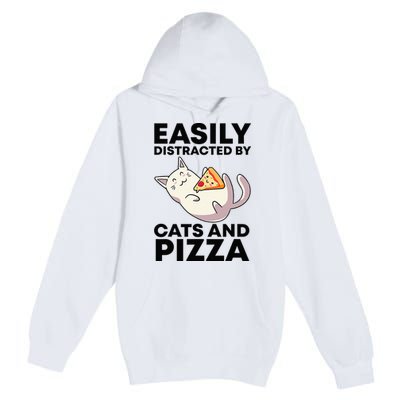 Easily Distracted By Cats And Pizza Kawaii Cat Lovers Gift Premium Pullover Hoodie