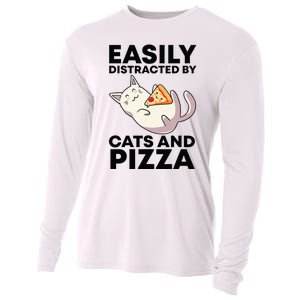 Easily Distracted By Cats And Pizza Kawaii Cat Lovers Gift Cooling Performance Long Sleeve Crew