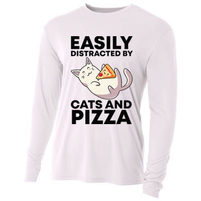 Easily Distracted By Cats And Pizza Kawaii Cat Lovers Gift Cooling Performance Long Sleeve Crew