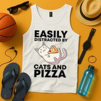 Easily Distracted By Cats And Pizza Kawaii Cat Lovers Gift Tank Top