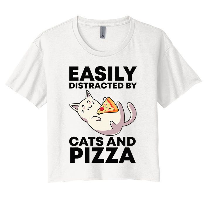 Easily Distracted By Cats And Pizza Kawaii Cat Lovers Gift Women's Crop Top Tee