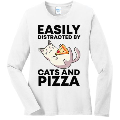 Easily Distracted By Cats And Pizza Kawaii Cat Lovers Gift Ladies Long Sleeve Shirt