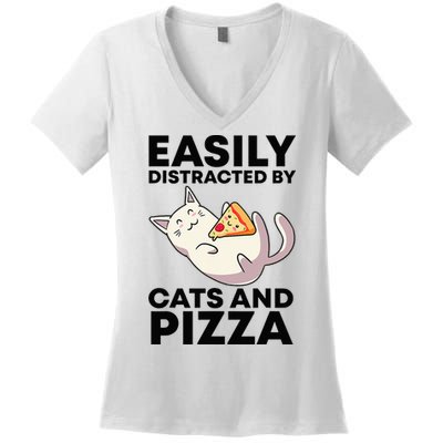 Easily Distracted By Cats And Pizza Kawaii Cat Lovers Gift Women's V-Neck T-Shirt