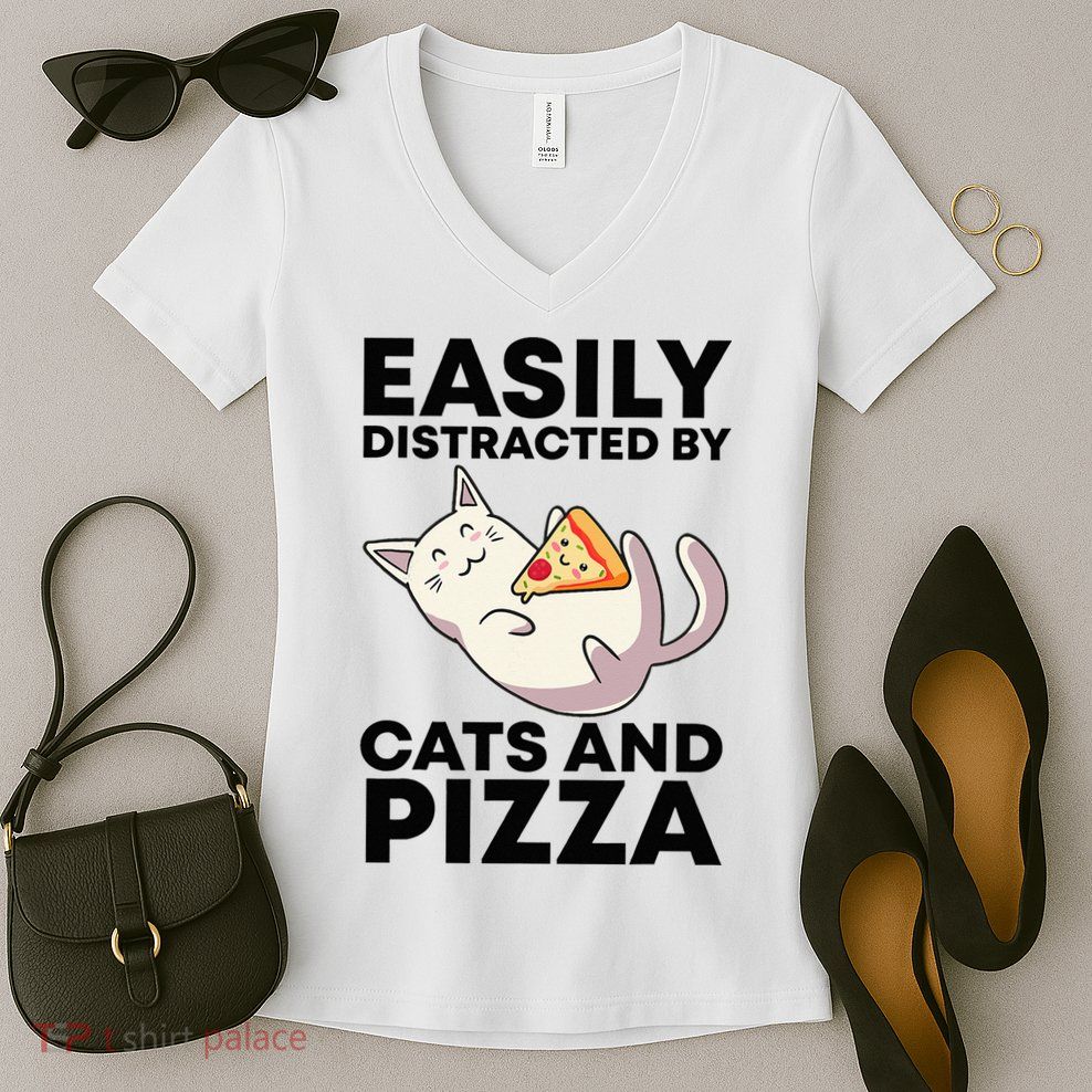 Easily Distracted By Cats And Pizza Kawaii Cat Lovers Gift Women's V-Neck T-Shirt