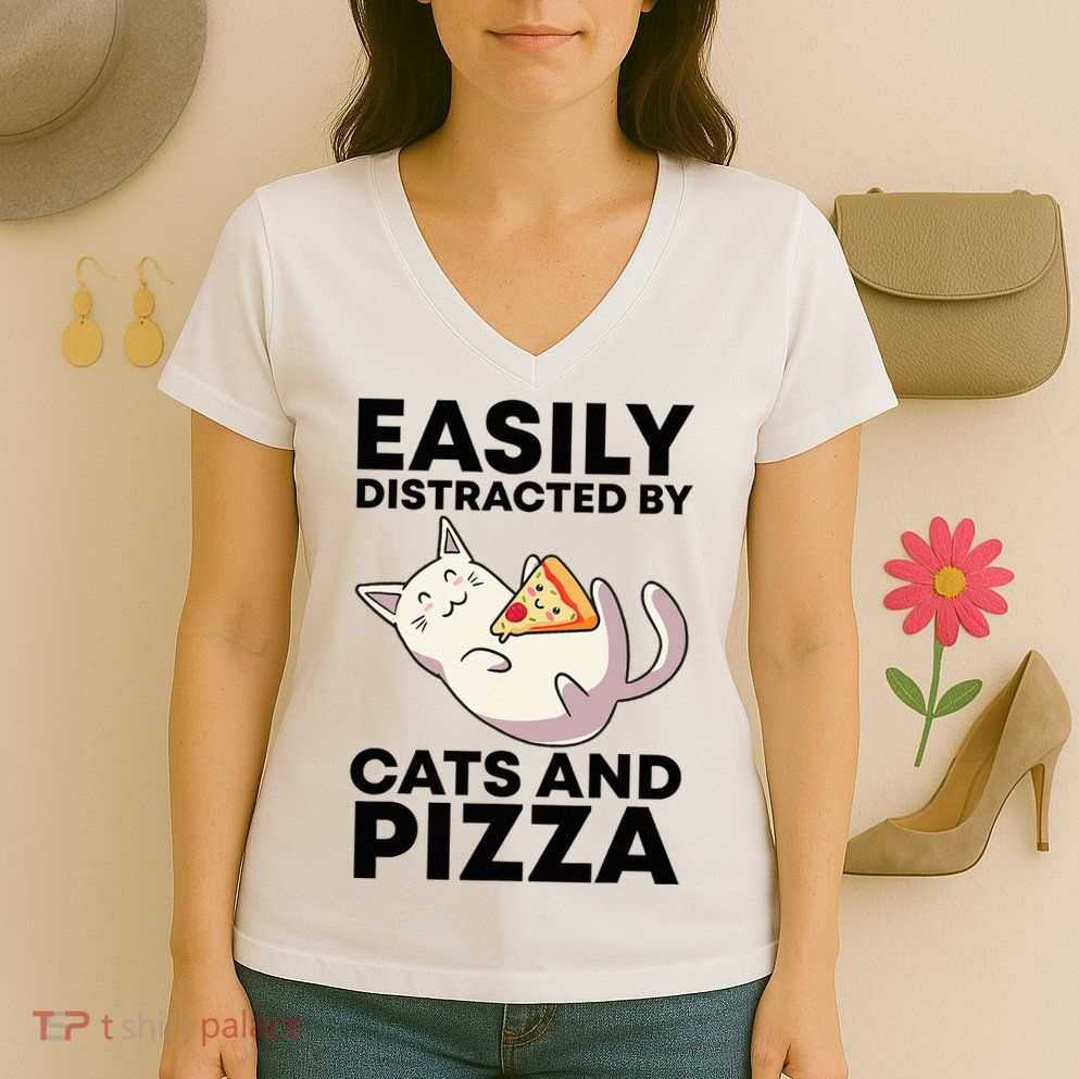 Easily Distracted By Cats And Pizza Kawaii Cat Lovers Gift Women's V-Neck T-Shirt