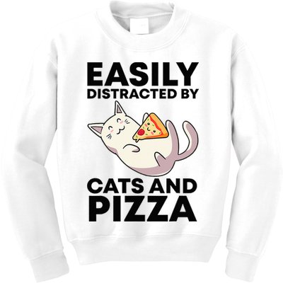Easily Distracted By Cats And Pizza Kawaii Cat Lovers Gift Kids Sweatshirt