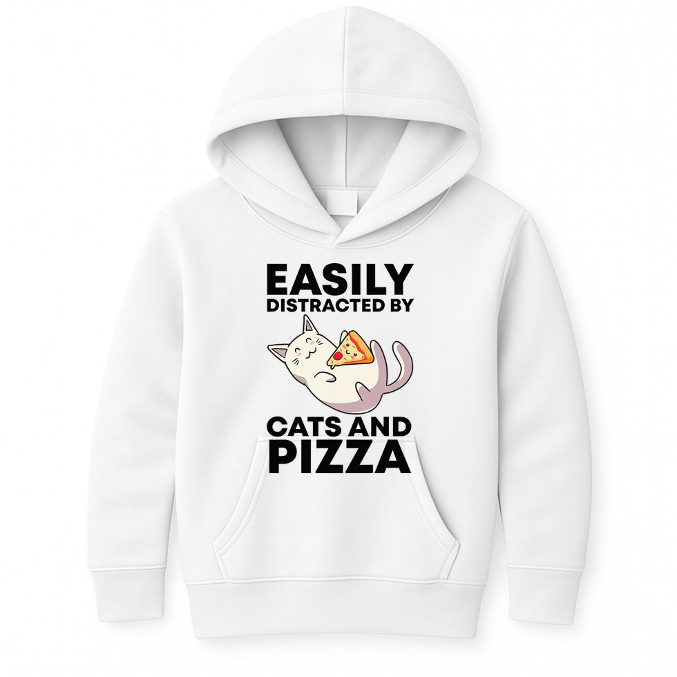 Easily Distracted By Cats And Pizza Kawaii Cat Lovers Gift Kids Hoodie