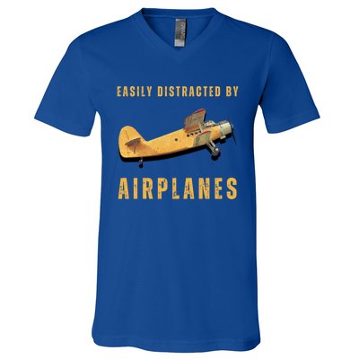 Easily Distracted By Airplanes Aviation Pilot Gift V-Neck T-Shirt