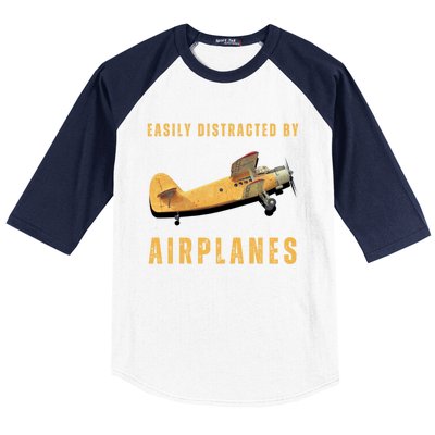 Easily Distracted By Airplanes Aviation Pilot Gift Baseball Sleeve Shirt