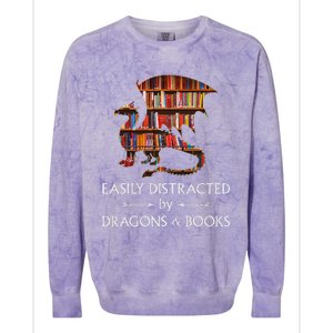 Easily Distracted By Dragons And Books Book & Dragon Colorblast Crewneck Sweatshirt