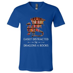 Easily Distracted By Dragons And Books Book & Dragon V-Neck T-Shirt