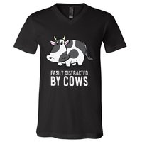 Easily Distracted By Cows Cattle Farming Cows V-Neck T-Shirt