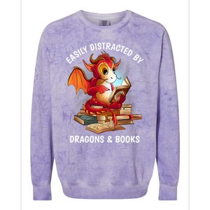 Easily Distracted By Dragons And Books Nerd Dragon Colorblast Crewneck Sweatshirt