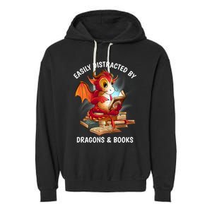 Easily Distracted By Dragons And Books Nerd Dragon Garment-Dyed Fleece Hoodie