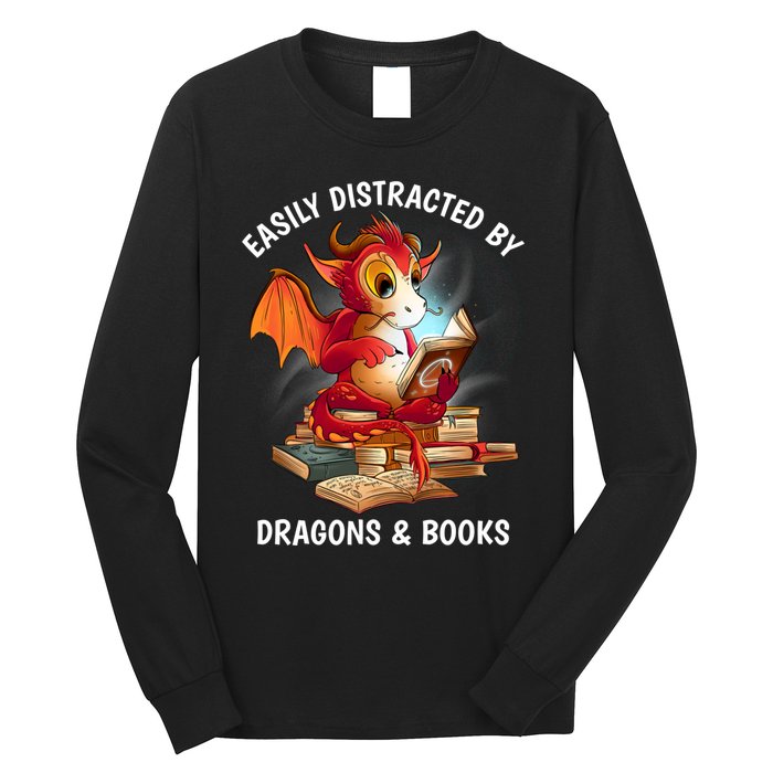 Easily Distracted By Dragons And Books Nerd Dragon Long Sleeve Shirt