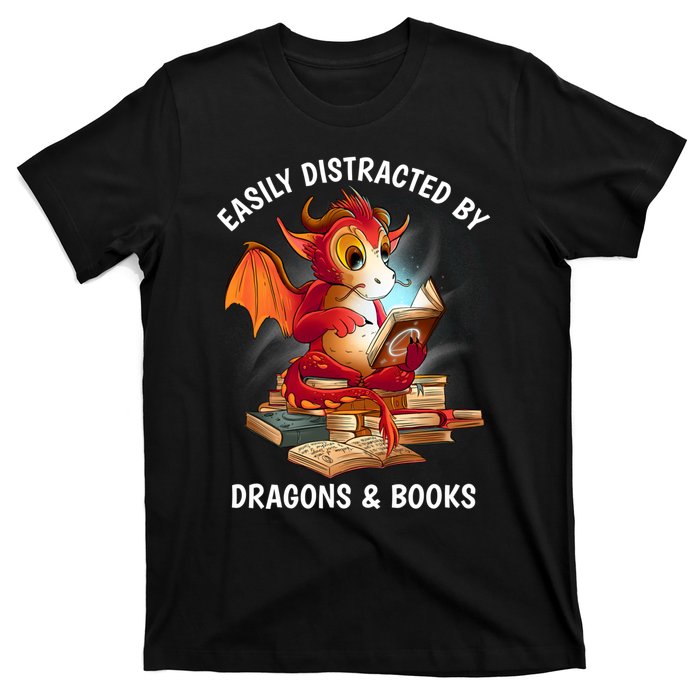 Easily Distracted By Dragons And Books Nerd Dragon T-Shirt