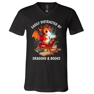 Easily Distracted By Dragons And Books Nerd Dragon V-Neck T-Shirt