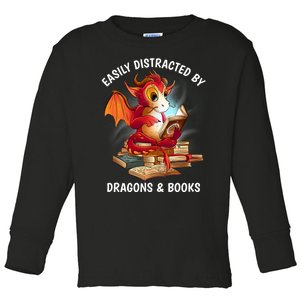 Easily Distracted By Dragons And Books Nerd Dragon Toddler Long Sleeve Shirt