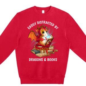 Easily Distracted By Dragons And Books Nerd Dragon Premium Crewneck Sweatshirt