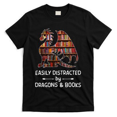 Easily Distracted By Dragon And Books Nerds T-Shirt
