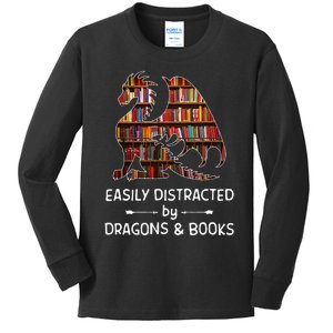 Easily Distracted By Dragon And Books Nerds Kids Long Sleeve Shirt