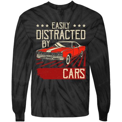 Easily Distracted By Cars Classic Muscle Car Guy Car Lover Tie-Dye Long Sleeve Shirt