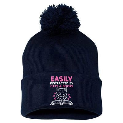 Easily Distracted By Cats Books Bookworm Wo Girl Pom Pom 12in Knit Beanie