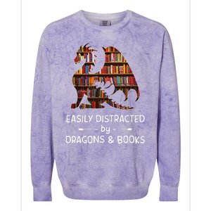 Easily Distracted By Dragon And Books Nerds Colorblast Crewneck Sweatshirt