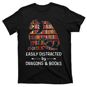 Easily Distracted By Dragon And Books Nerds T-Shirt