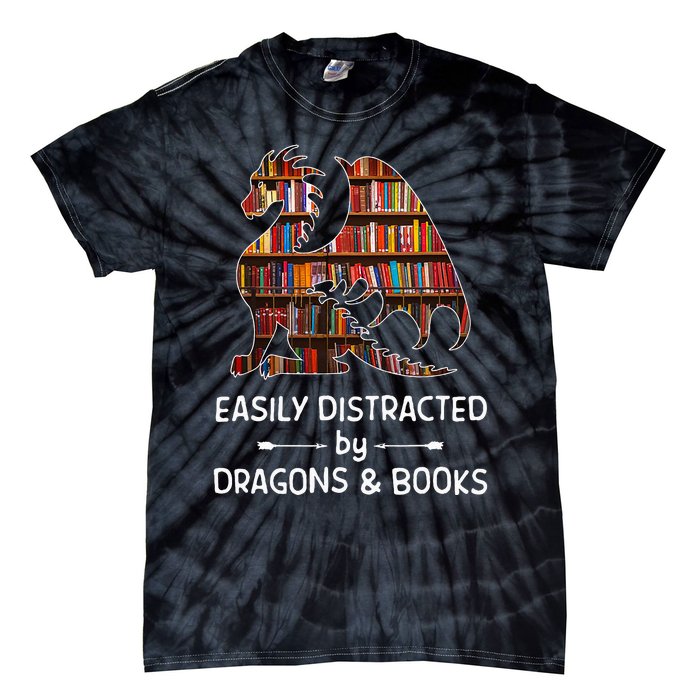 Easily Distracted By Dragon And Books Nerds Tie-Dye T-Shirt