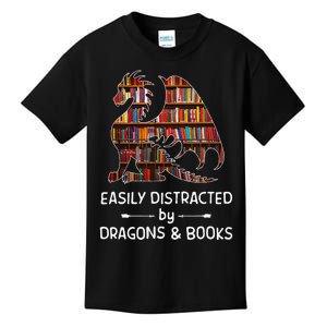 Easily Distracted By Dragon And Books Nerds Kids T-Shirt