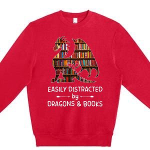 Easily Distracted By Dragon And Books Nerds Premium Crewneck Sweatshirt