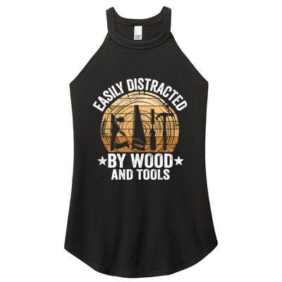 Easily Distracted By Wood And Tools Funny Woodworking Women's Perfect Tri Rocker Tank