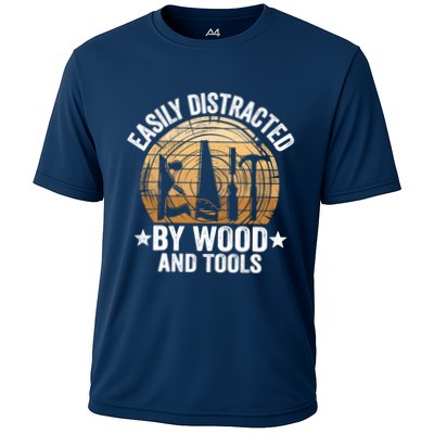 Easily Distracted By Wood And Tools Funny Woodworking Performance Shirt