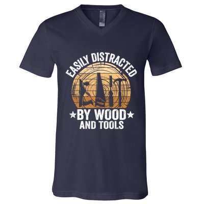 Easily Distracted By Wood And Tools Funny Woodworking V-Neck T-Shirt
