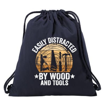 Easily Distracted By Wood And Tools Funny Woodworking Drawstring Bag