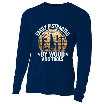 Easily Distracted By Wood And Tools Funny Woodworking Cooling Performance Long Sleeve Crew