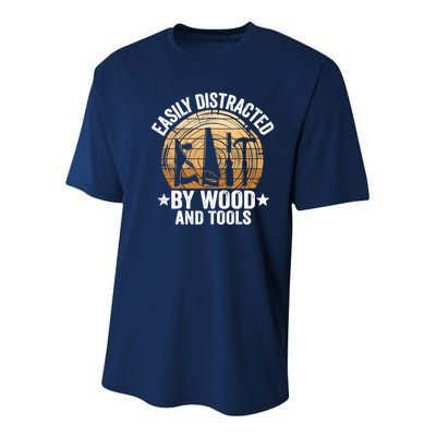 Easily Distracted By Wood And Tools Funny Woodworking Youth Performance Sprint T-Shirt