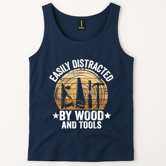 Easily Distracted By Wood And Tools Funny Woodworking Tank Top