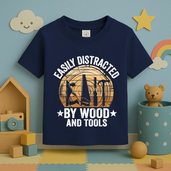 Easily Distracted By Wood And Tools Funny Woodworking Toddler T-Shirt