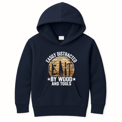 Easily Distracted By Wood And Tools Funny Woodworking Kids Hoodie