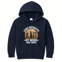 Easily Distracted By Wood And Tools Funny Woodworking Kids Hoodie