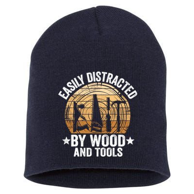 Easily Distracted By Wood And Tools Funny Woodworking Short Acrylic Beanie