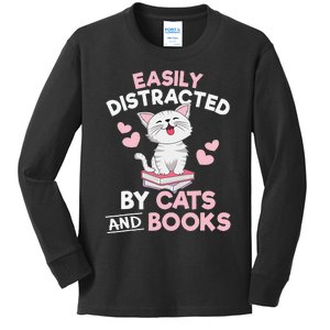 Easily Distracted By Cats and Books Cute Cat Book Lover Kids Long Sleeve Shirt