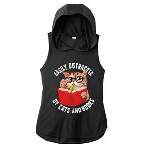 Easily Distracted by Cats and Books Funny Cat & Book Lover Ladies PosiCharge Tri-Blend Wicking Draft Hoodie Tank