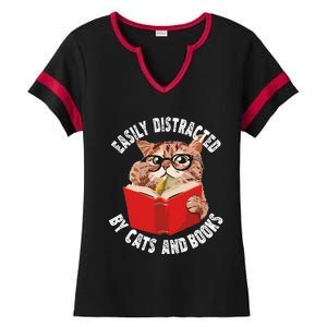 Easily Distracted by Cats and Books Funny Cat & Book Lover Ladies Halftime Notch Neck Tee