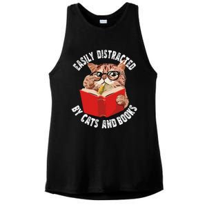 Easily Distracted by Cats and Books Funny Cat & Book Lover Ladies PosiCharge Tri-Blend Wicking Tank